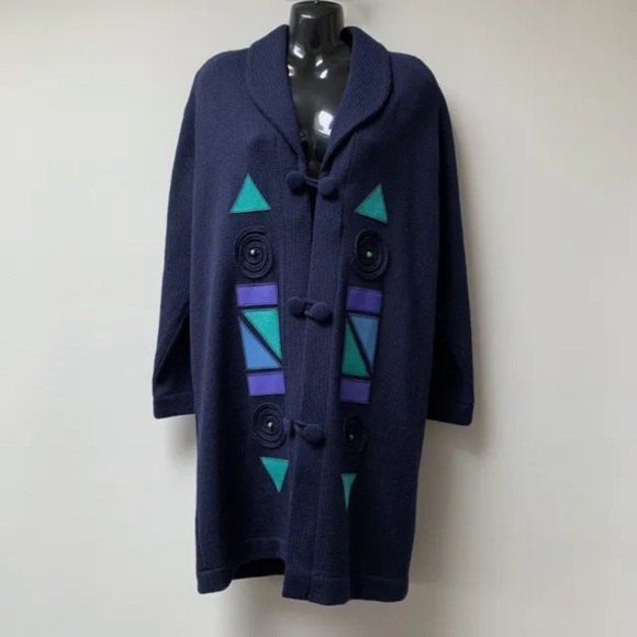 karen wood Sweaters - Vintage long line cardigan size medium pure wool with suede patches